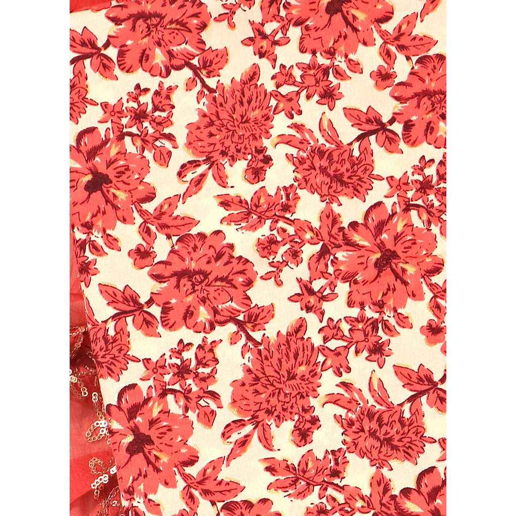 Peach Floral Foil Printed Cotton Blend Dress Material