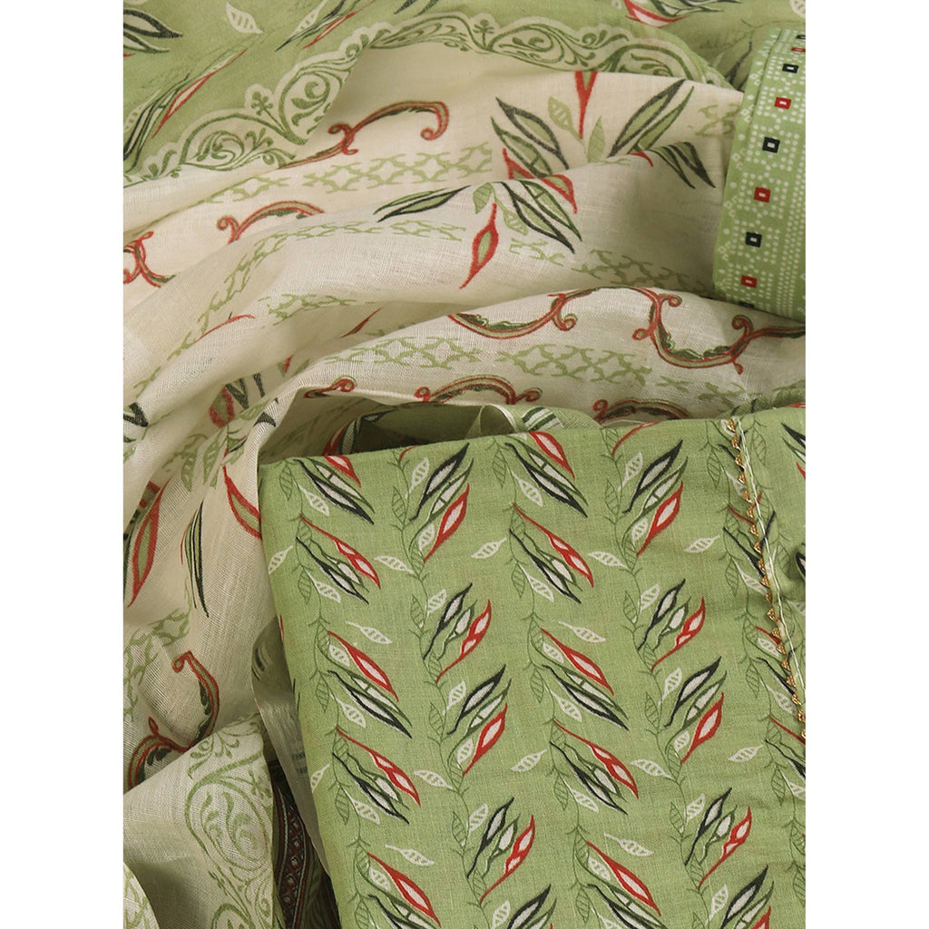 Fresh Green Dress Material in Pure Cotton with Subtle Leaf Print Accents