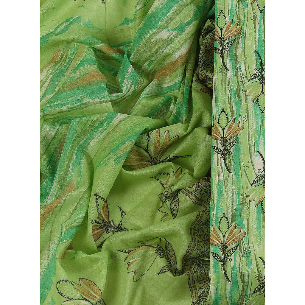 Green Pure Cotton Ensemble with All-Over Floral Motif Designs Dress Material