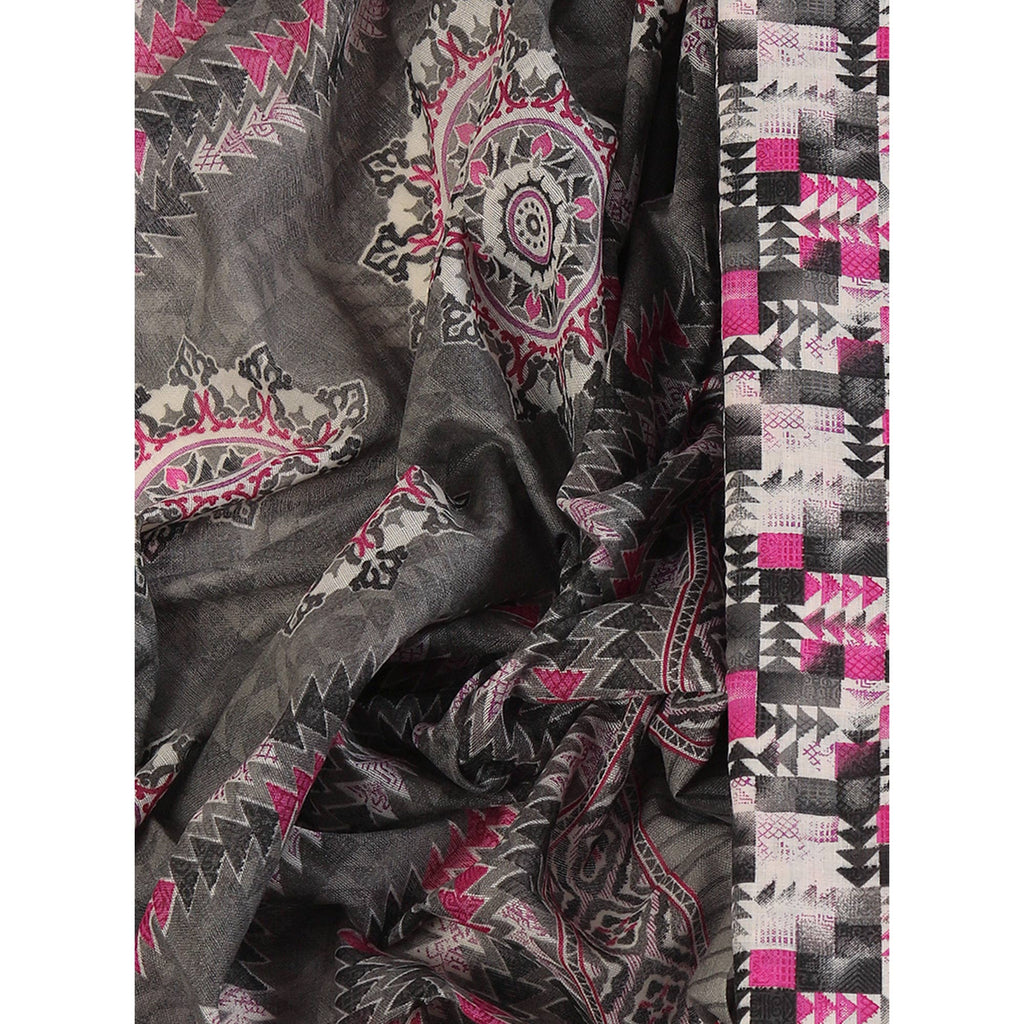 Cotton Dress Material Featuring a Grey and Pink Palette with Artistic Geometric Patterns