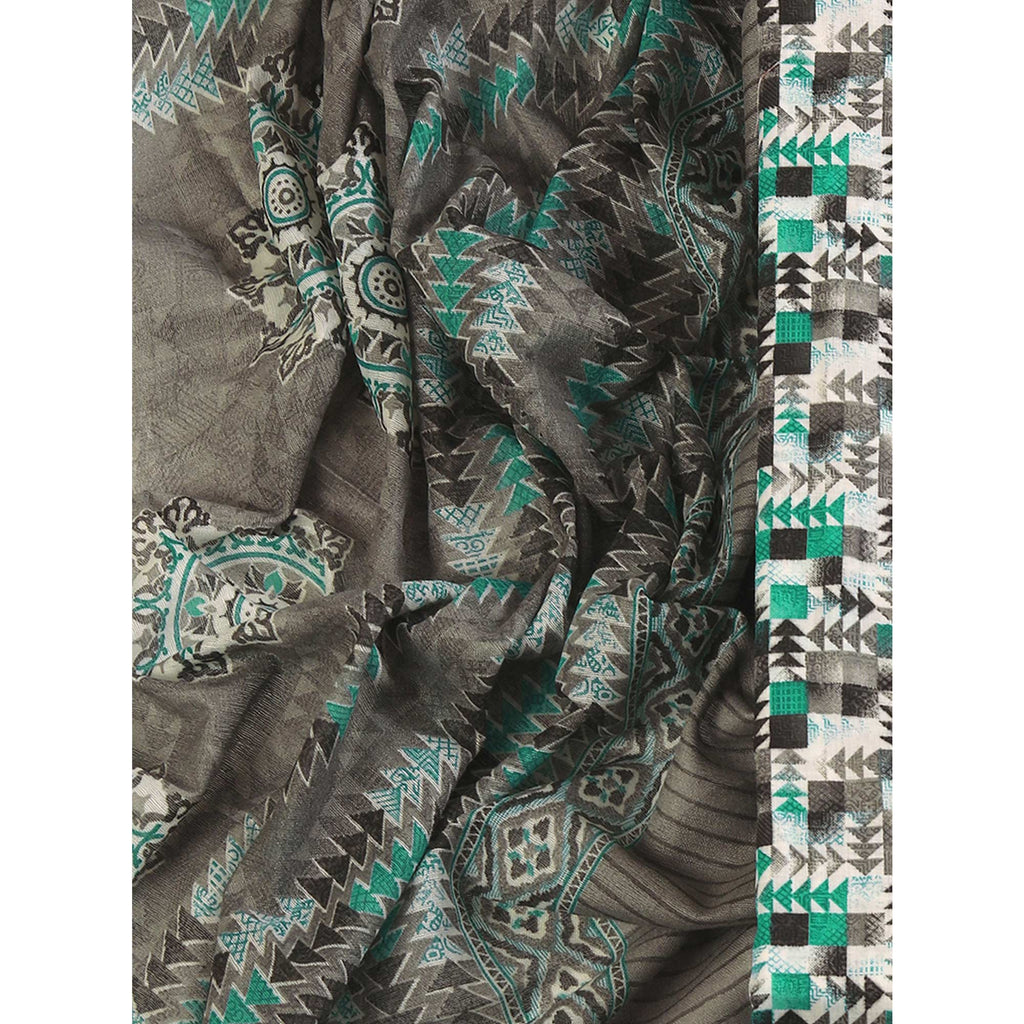 Cotton Dress Material Featuring a Grey and Rama Green Palette with Artistic Geometric Patterns