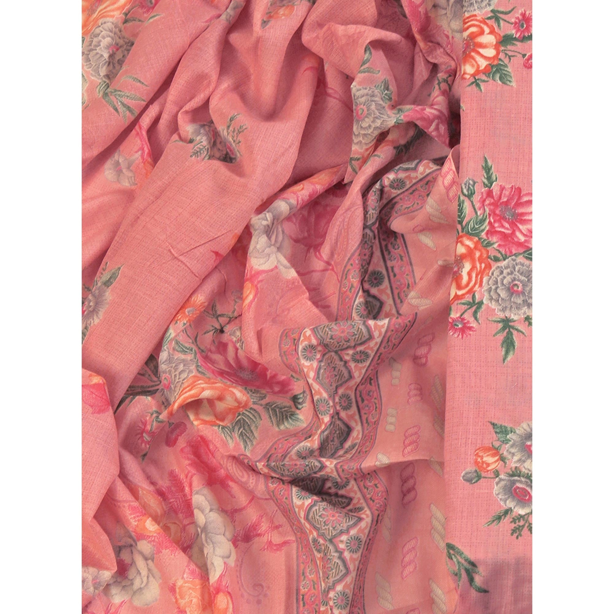 Charming Pink Dress Material in Pure Cotton with Subtle Floral Pattern Work