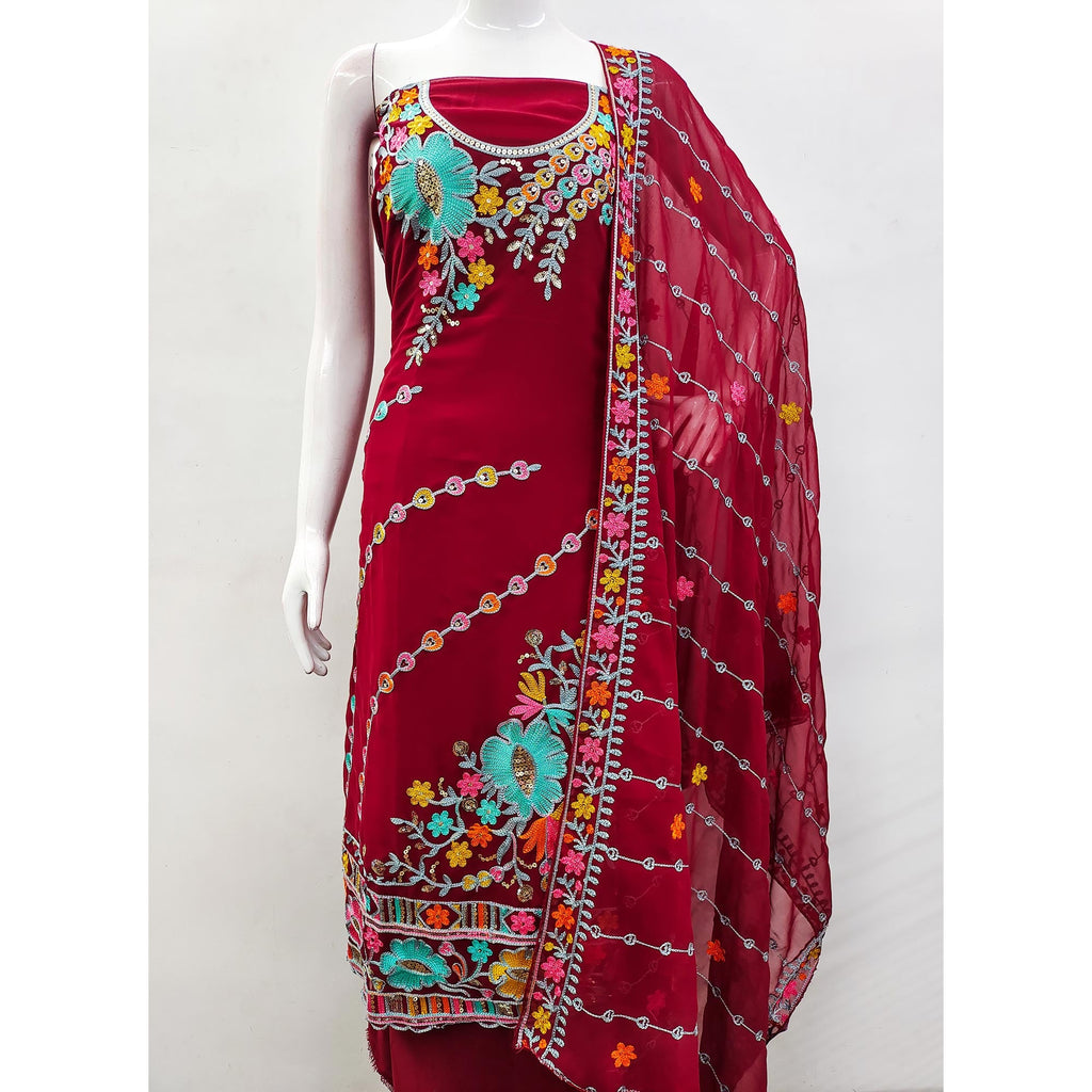Maroon Floral Sequins Embroidered Georgette Dress Material