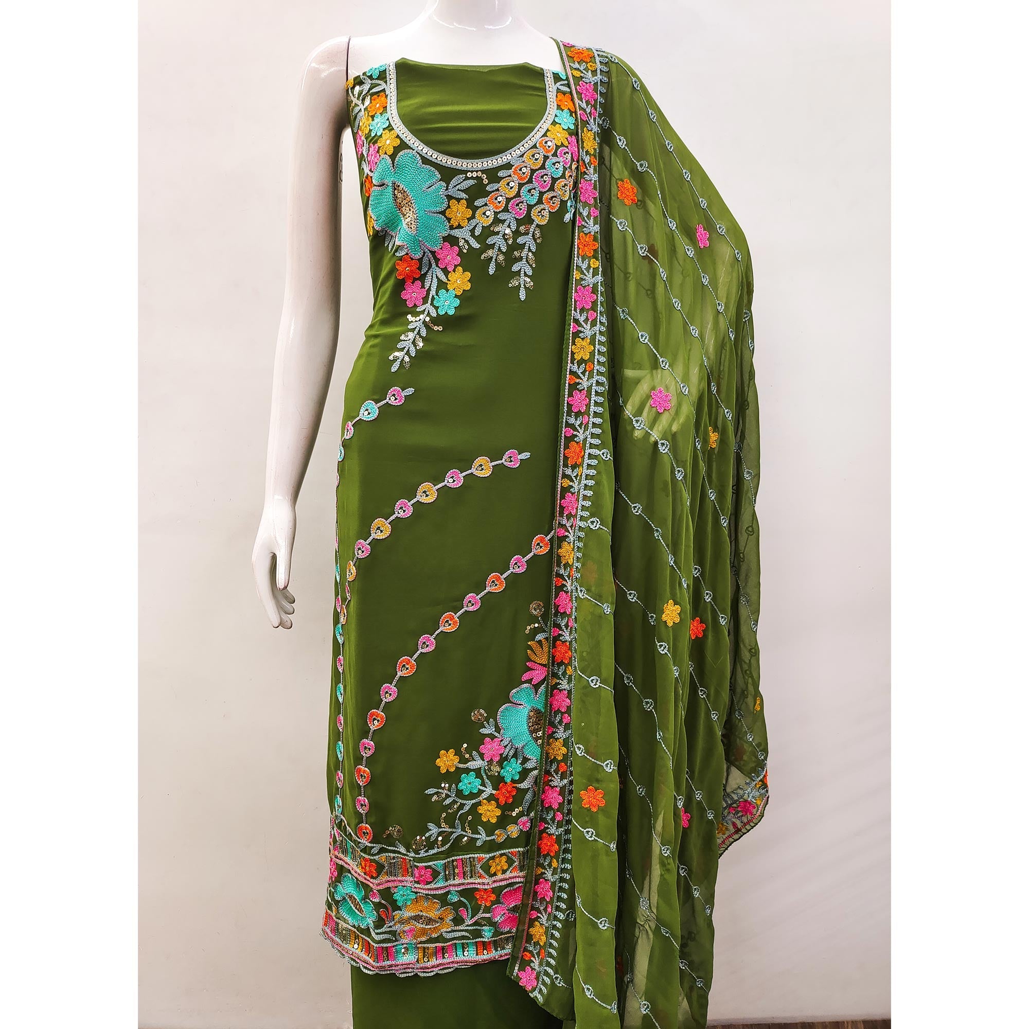 Mehendi Green Floral Sequins Embroidered Georgette Dress Material
