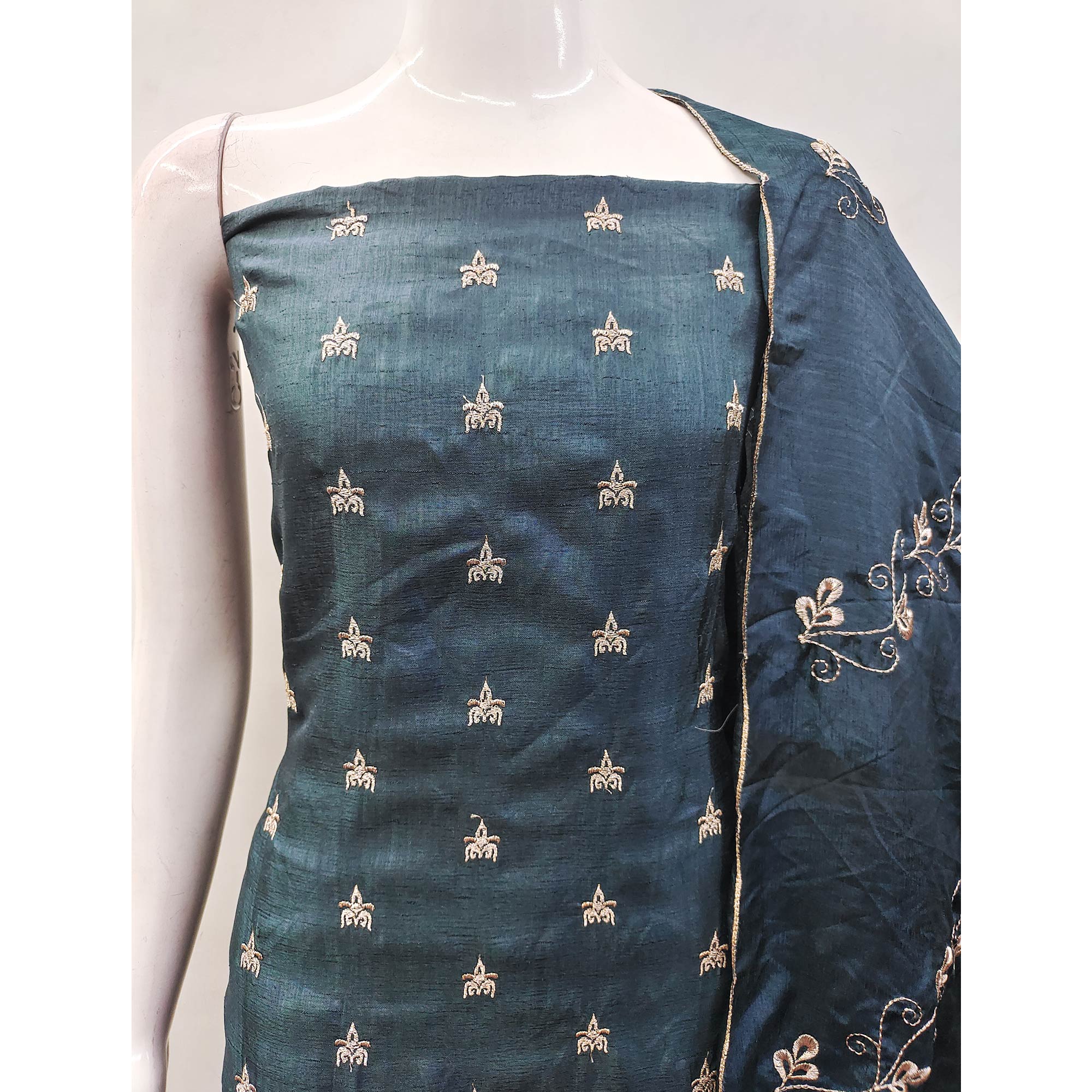 Grey Embroidered Vichitra Silk Dress Material