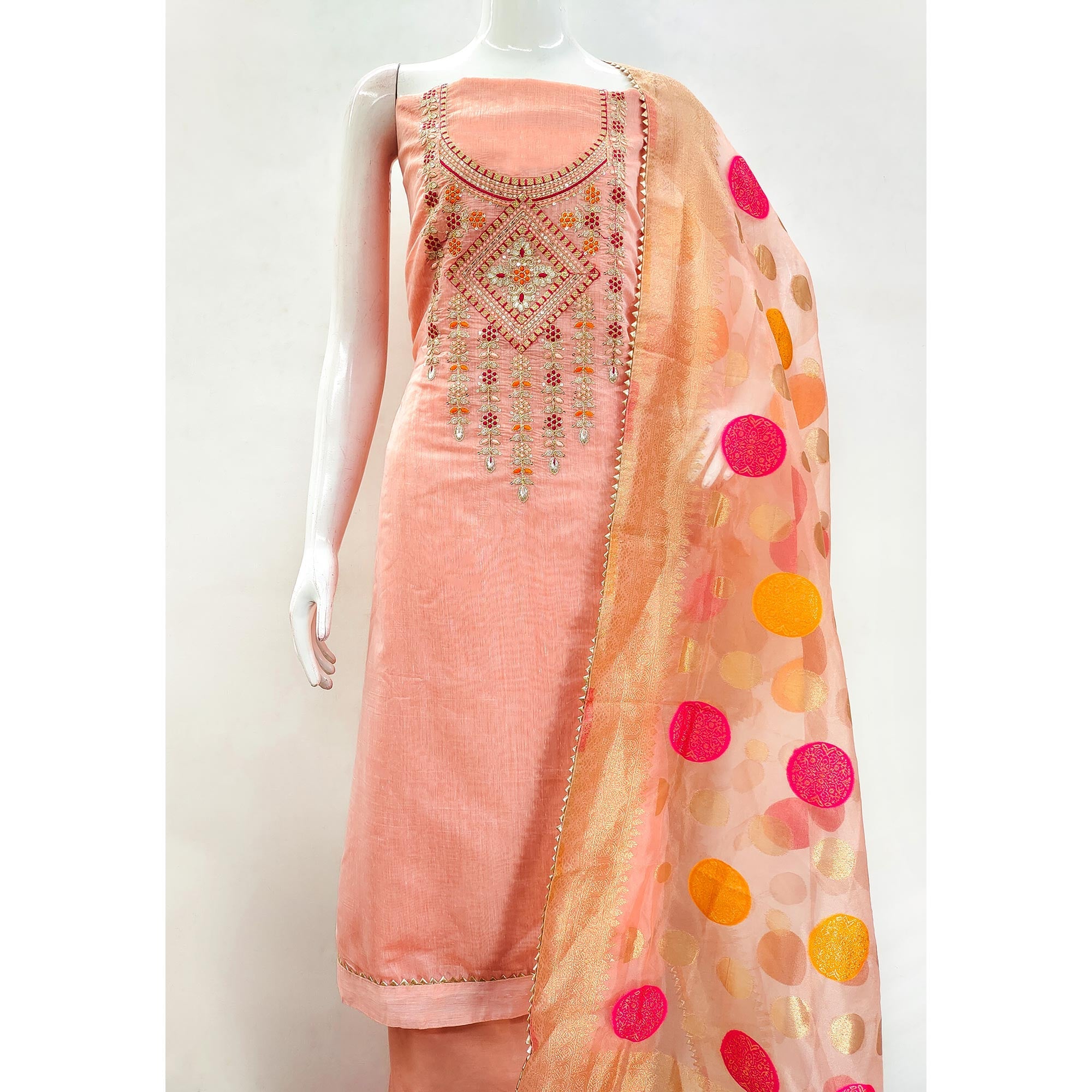 Peach Floral Sequins Embroidered Chanderi Dress Material