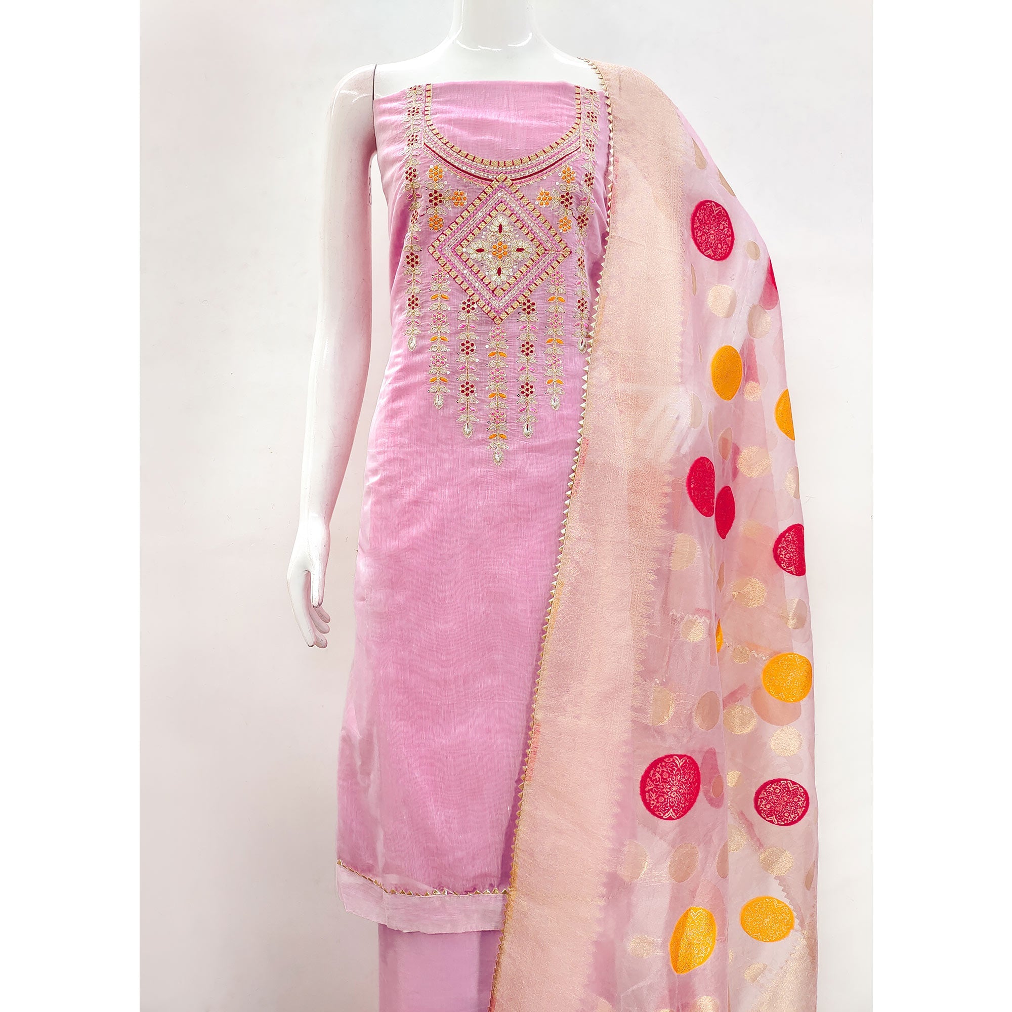 Pink Floral Sequins Embroidered Chanderi Dress Material