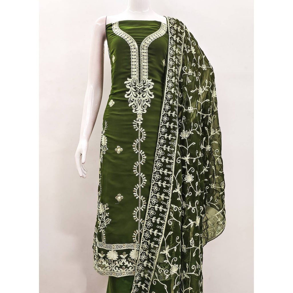 Mehendi Green Floral Sequins Embroidered Georgette Dress Material