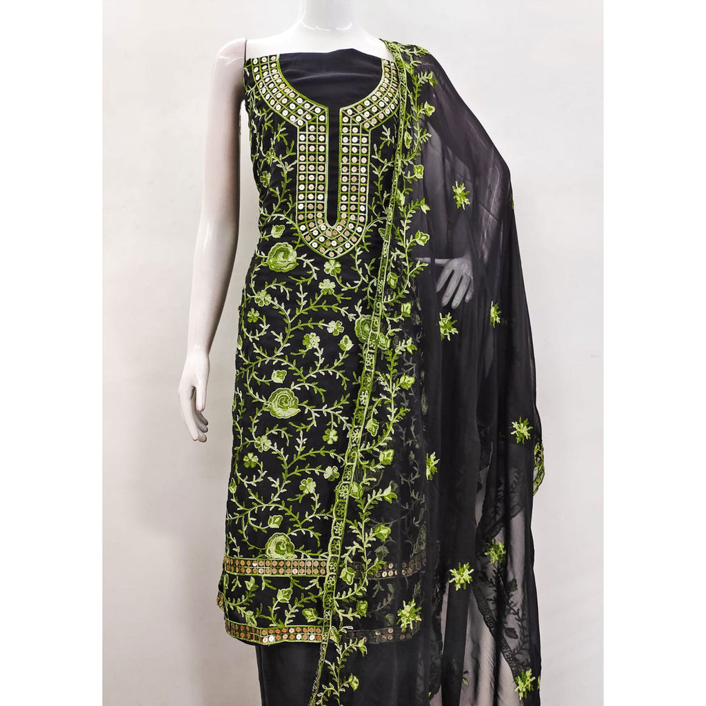 Black & Green Floral Sequins Embroidered Georgette Dress Material