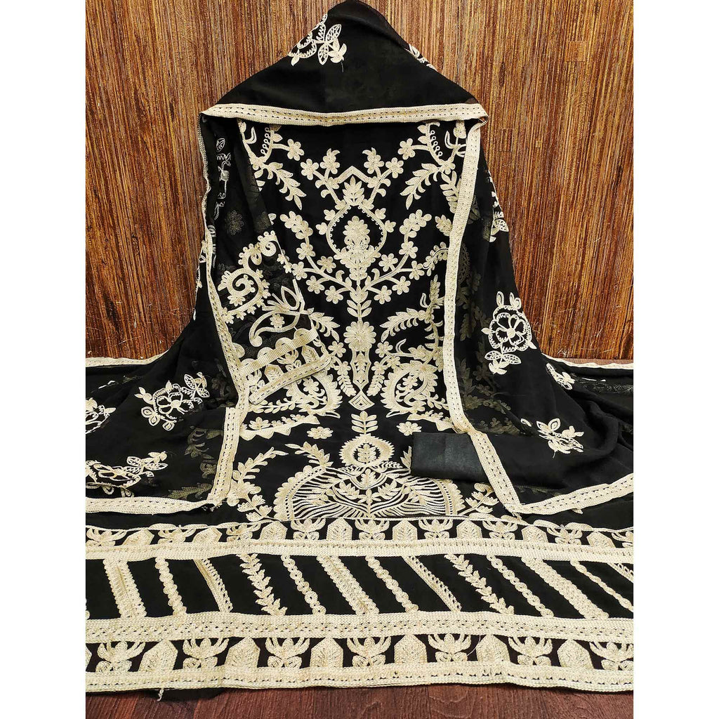 Black Floral Embroidered Georgette Dress Material