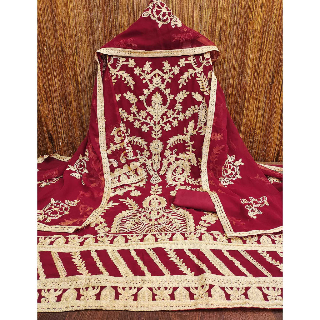 Maroon Floral Embroidered Georgette Dress Material