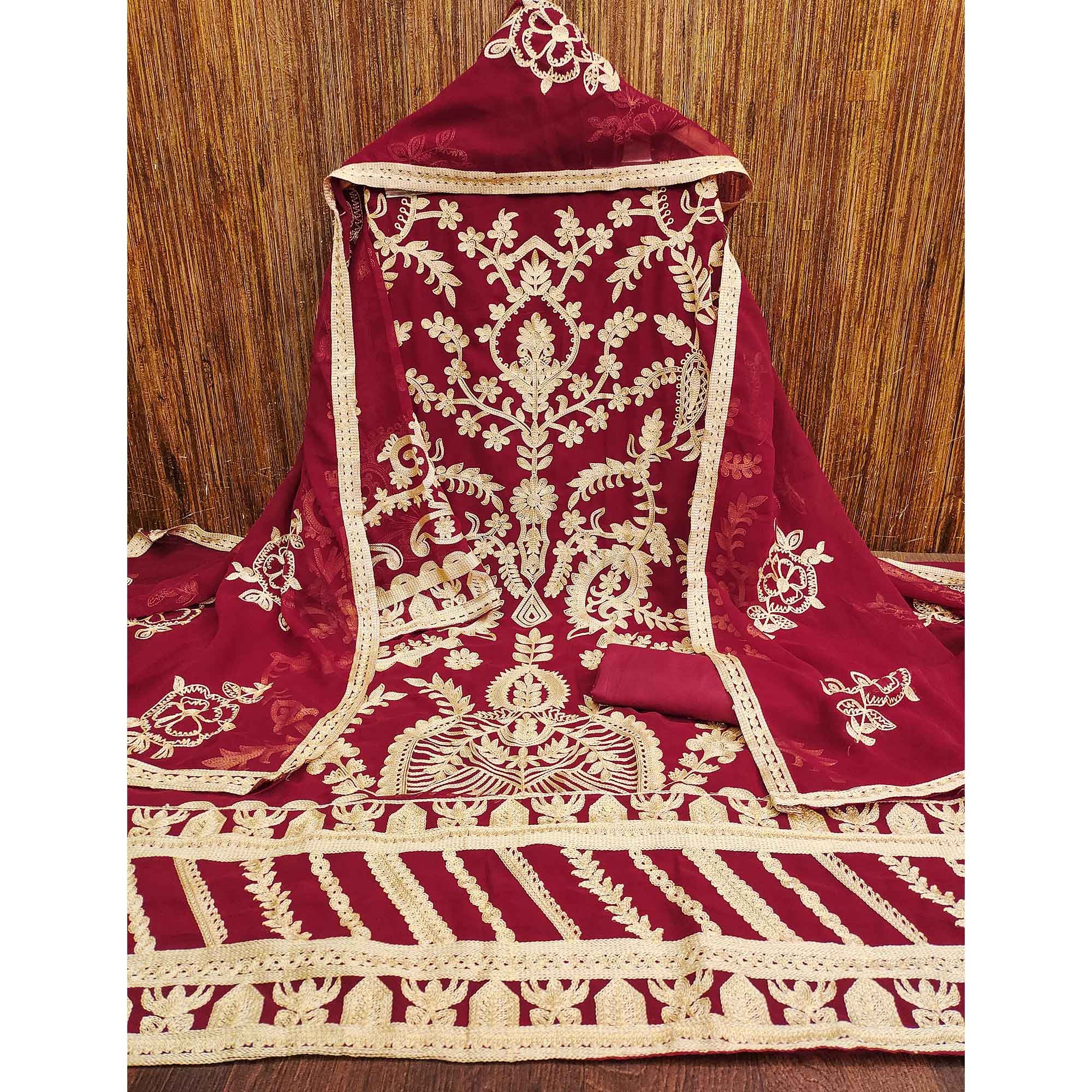 Maroon Floral Embroidered Georgette Dress Material