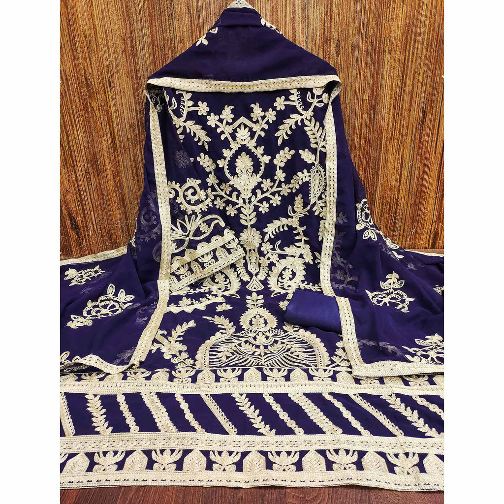Navy Blue Floral Embroidered Georgette Dress Material