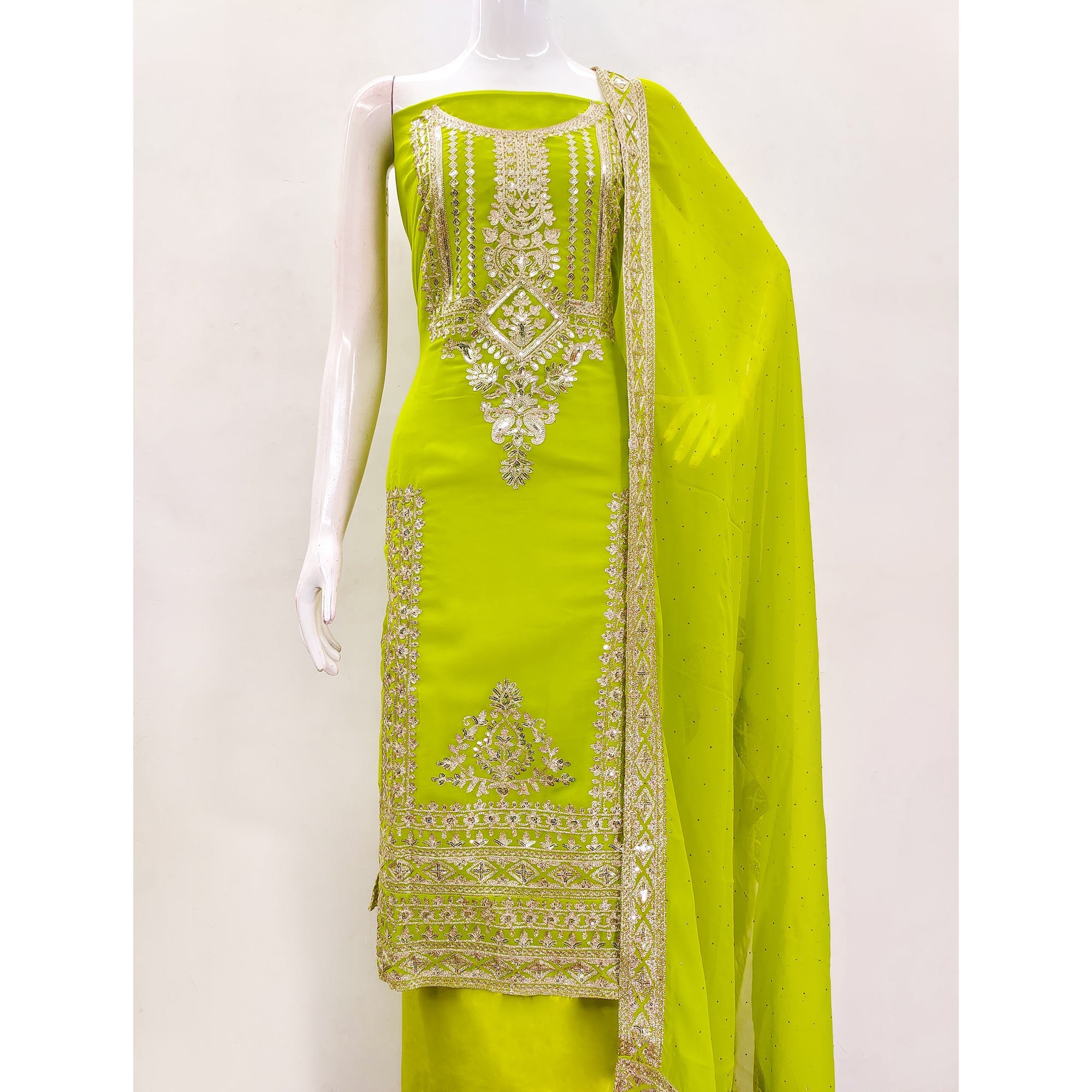 Green Floral Sequins Embroidered Georgette Dress Material