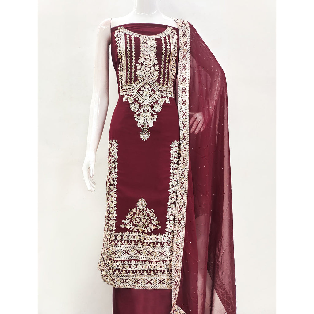 Maroon Floral Sequins Embroidered Georgette Dress Material