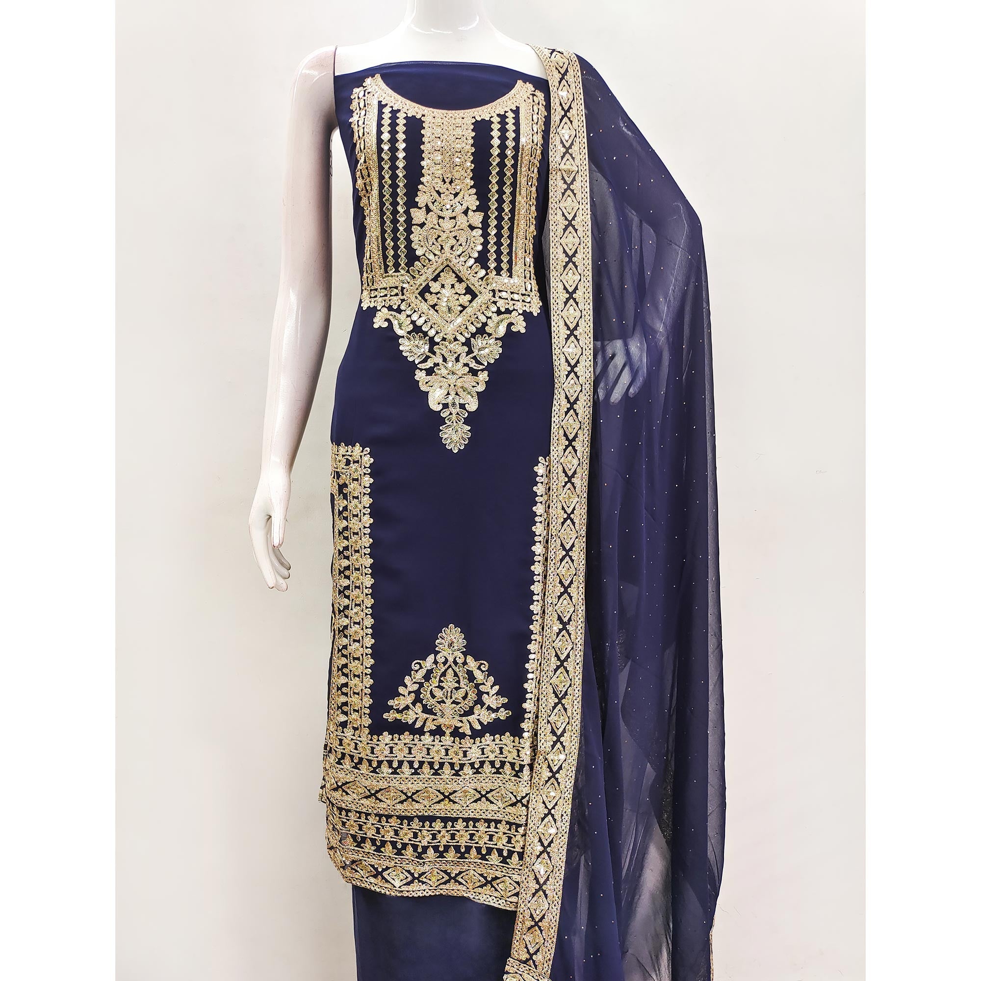 Navy Blue Floral Sequins Embroidered Georgette Dress Material