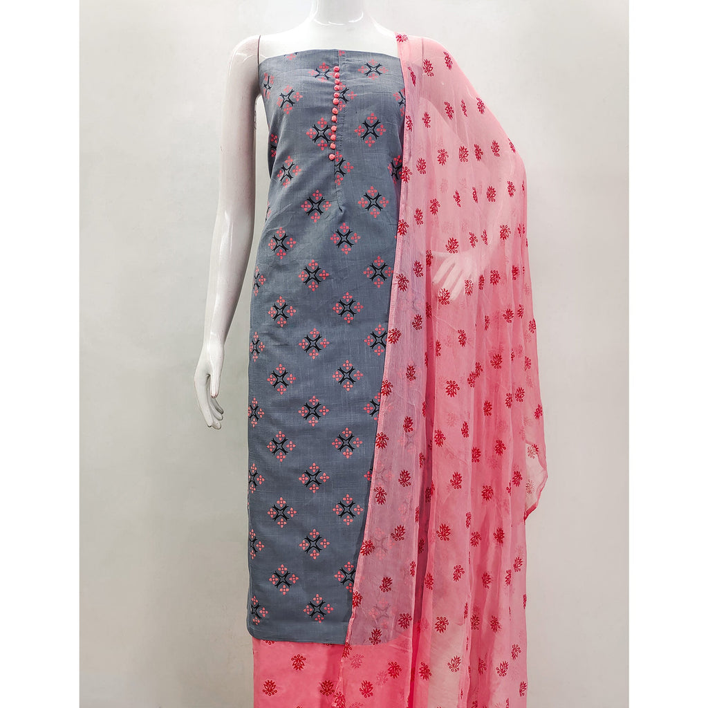Grey & Gajari Pink Floral Printed Cotton Blend Dress Material