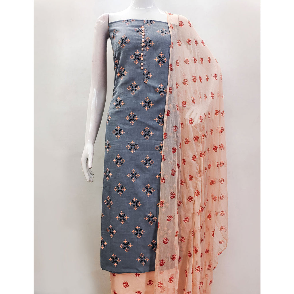 Grey & Peach Floral Printed Cotton Blend Dress Material