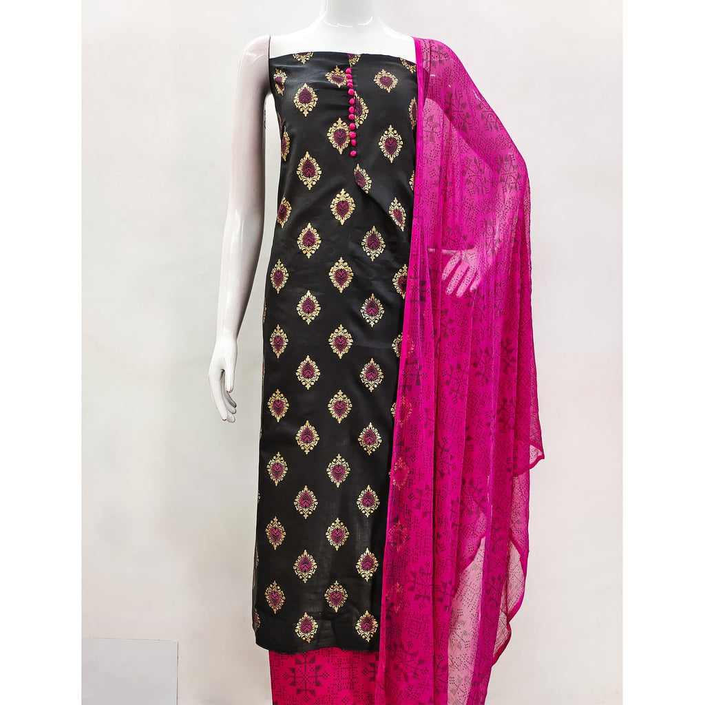 Black & Pink Printed Cotton Blend Dress Material