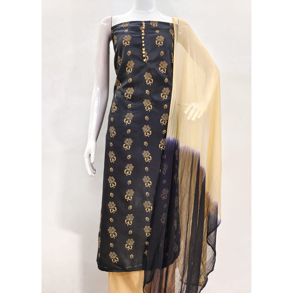 Black Floral Foil Printed Cotton Blend Dress Material