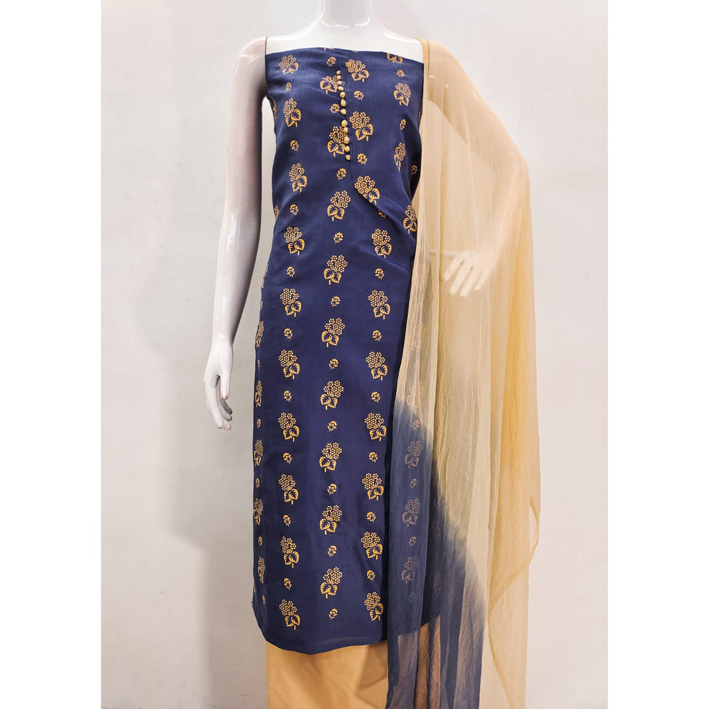 Blue Foil Floral Printed Cotton Blend Dress Material