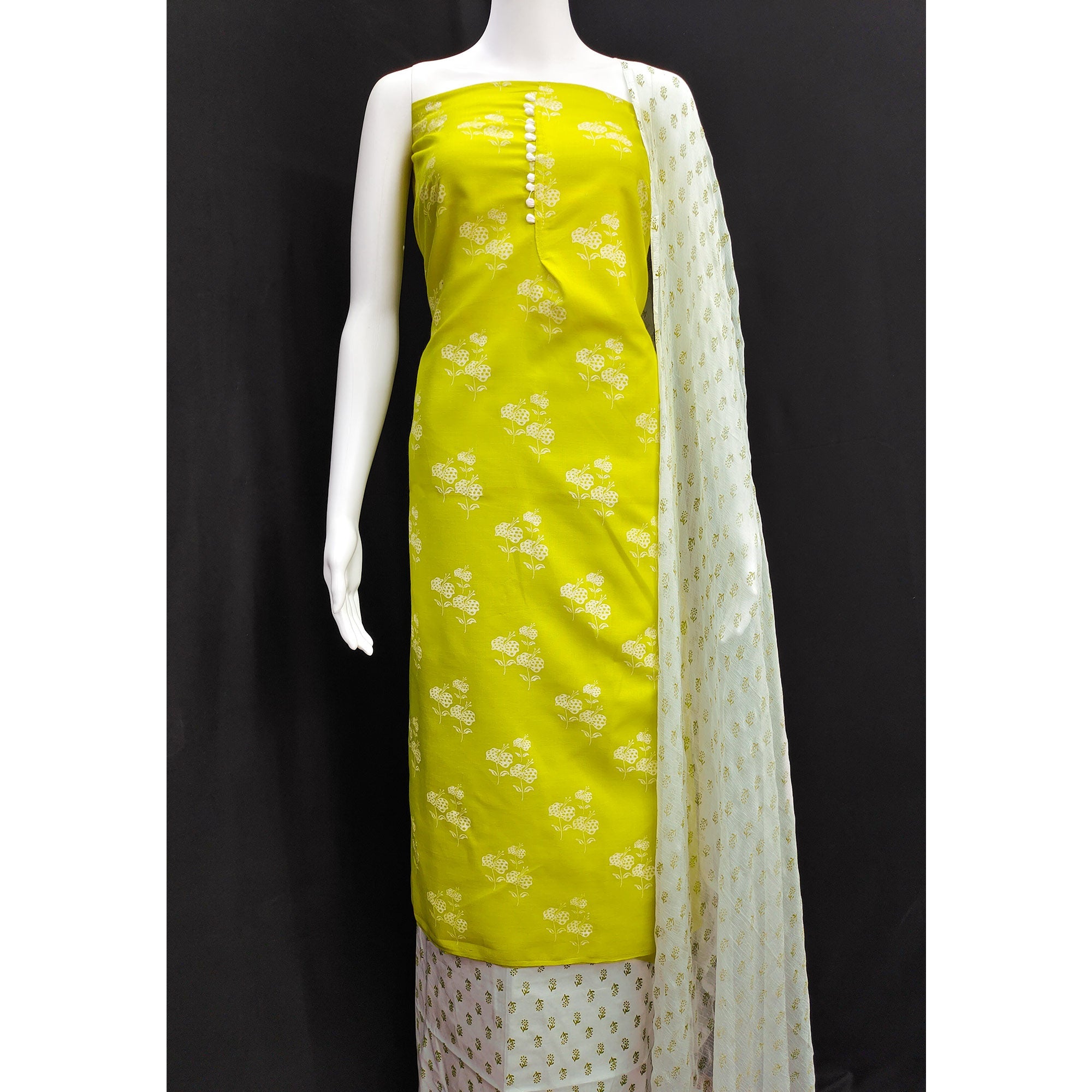 Green Cotton Blend Floral Printed Dress Material