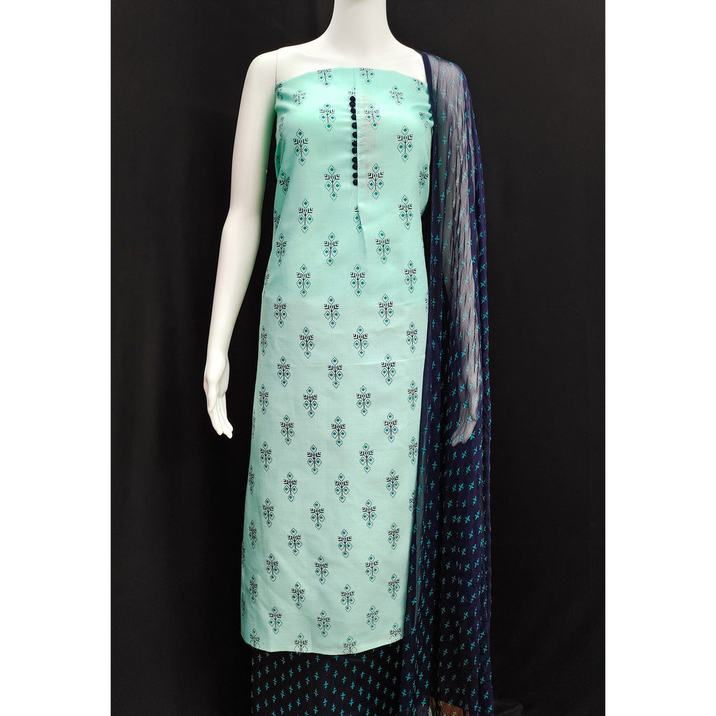 Blue Floral Printed Cotton Blend Dress Material