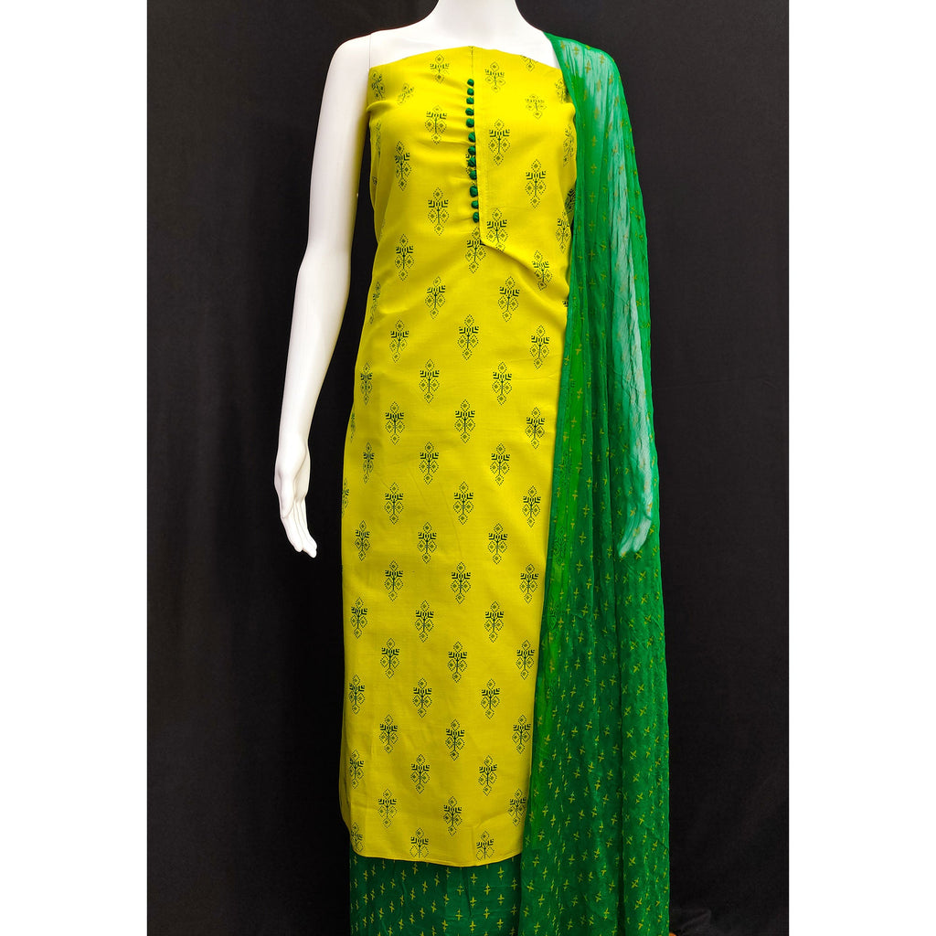 Lemon Green Floral Printed Cotton Blend Dress Material