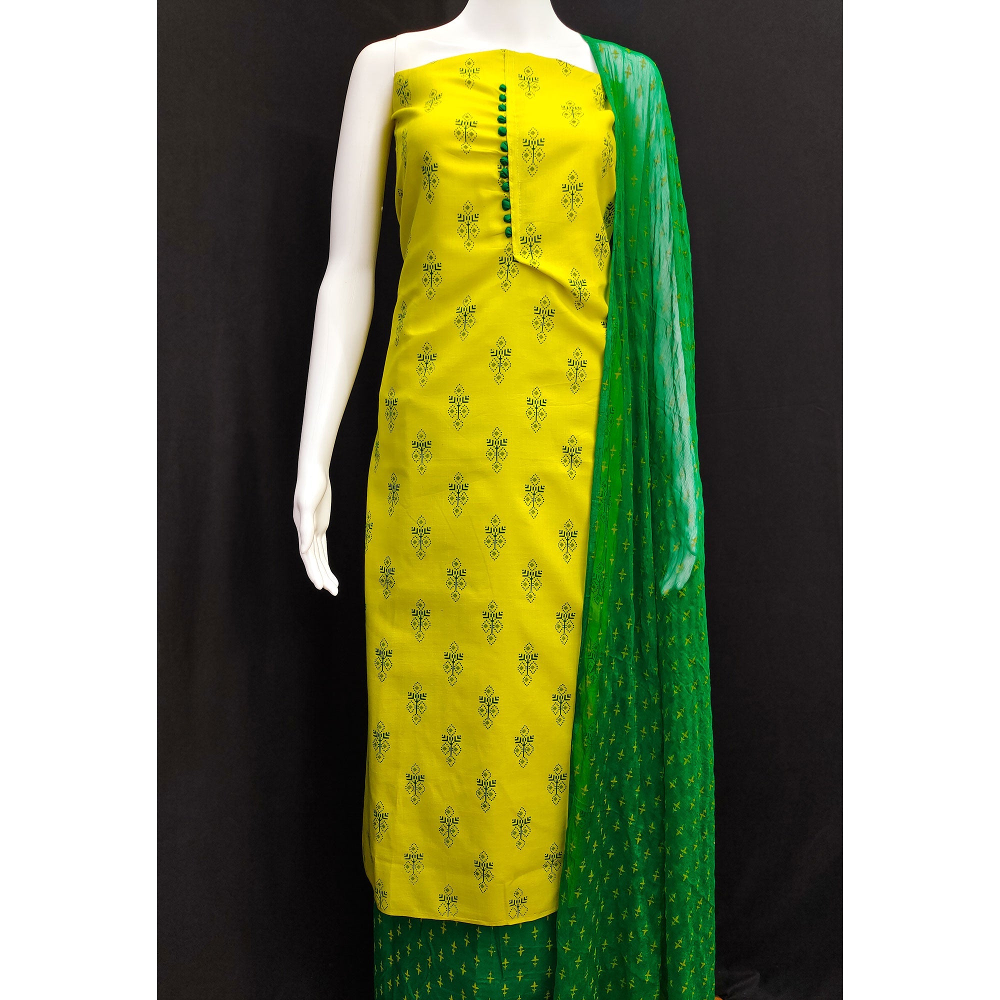 Lemon Green Floral Printed Cotton Blend Dress Material