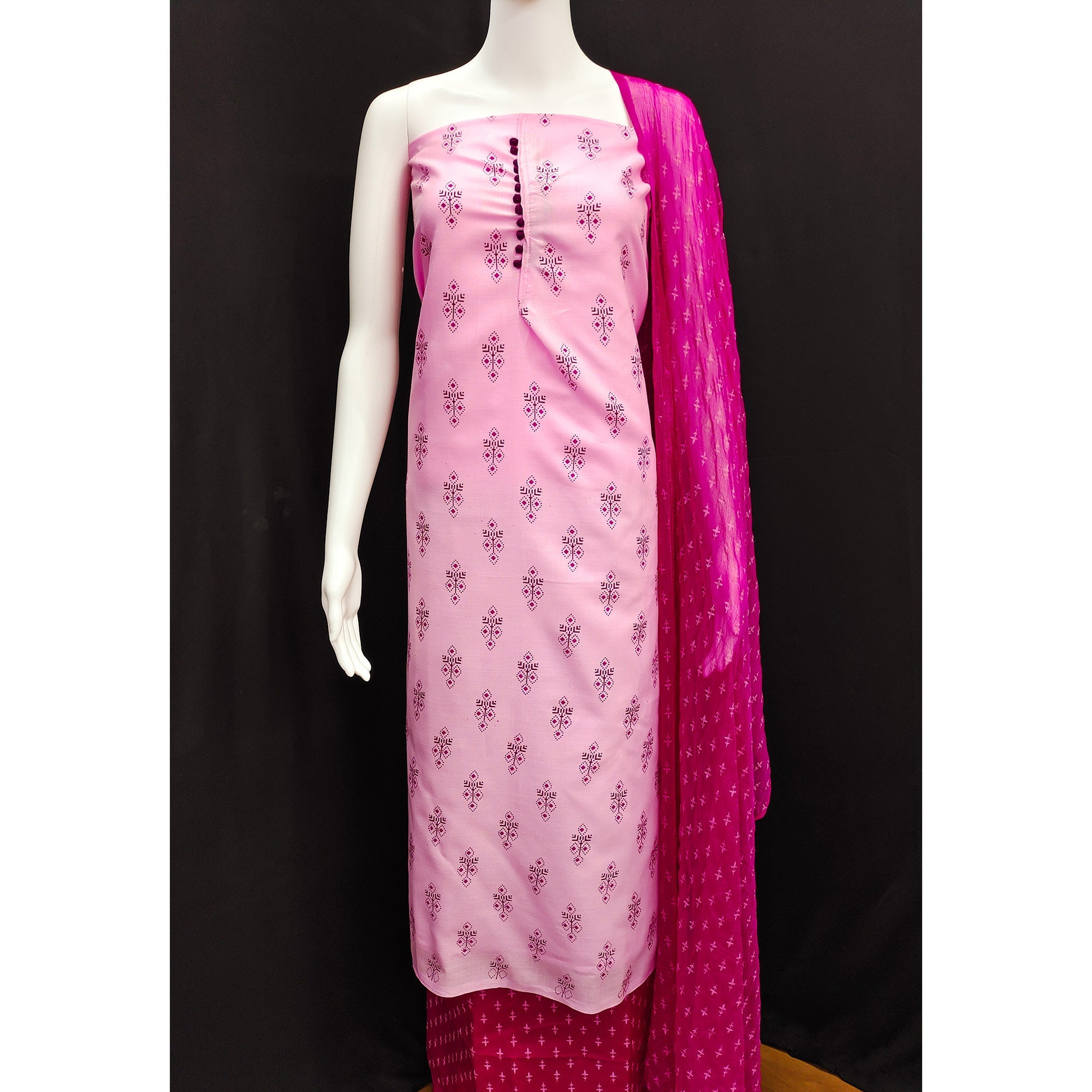 Pink Floral Printed Cotton Blend Dress Material