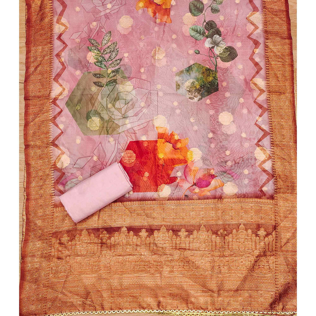 Light Pink Woven Work Organza Dress Material