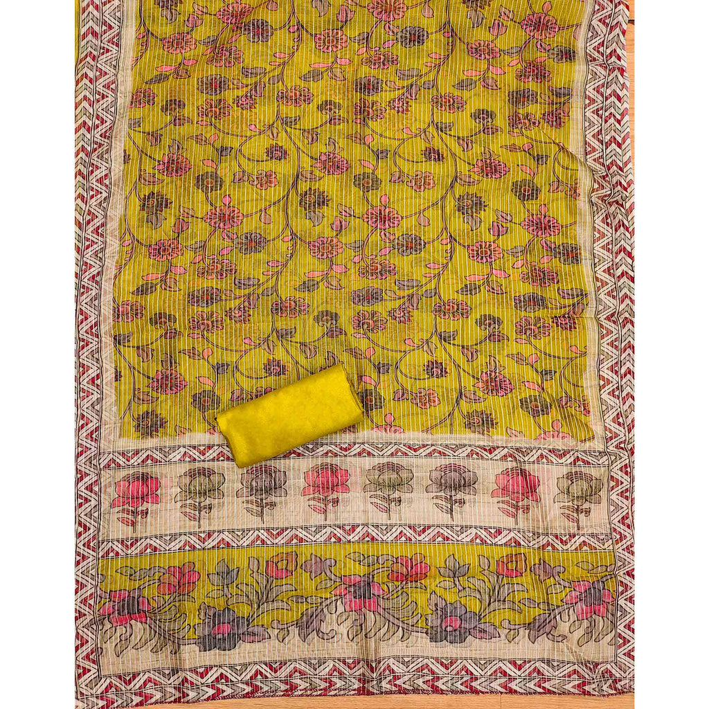 Mustard Floral Embroidered Chanderi Silk Dress Material