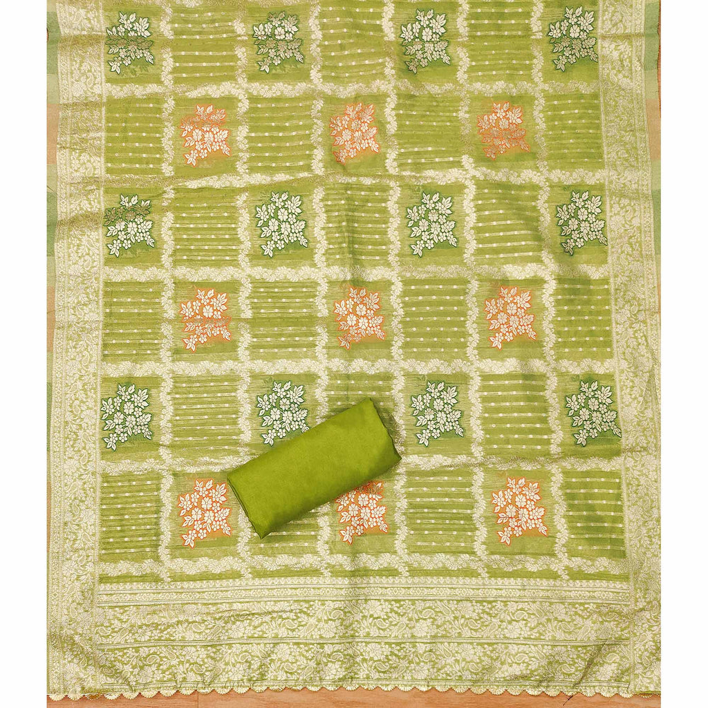 Green Woven With Handwork Simmer Jacquard Dress Material