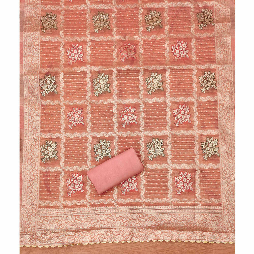 Peach Woven With Handwork Simmer Jacquard Dress Material