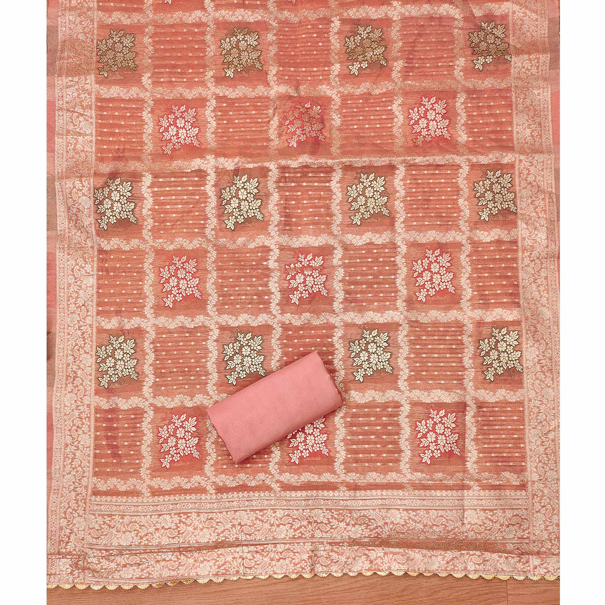 Peach Woven With Handwork Simmer Jacquard Dress Material