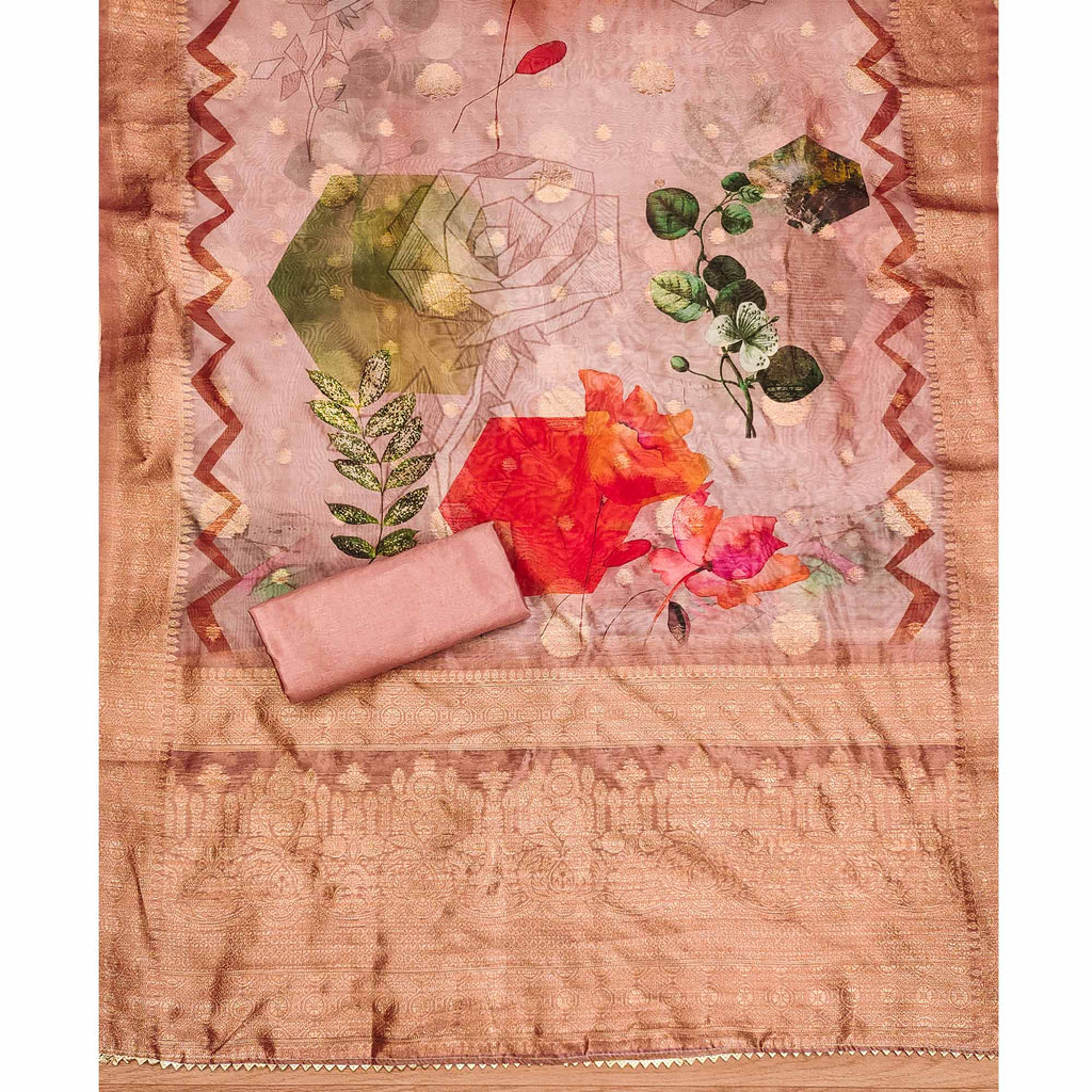 Peach Woven With Digital Printed & Swarovski Organza Dress Material