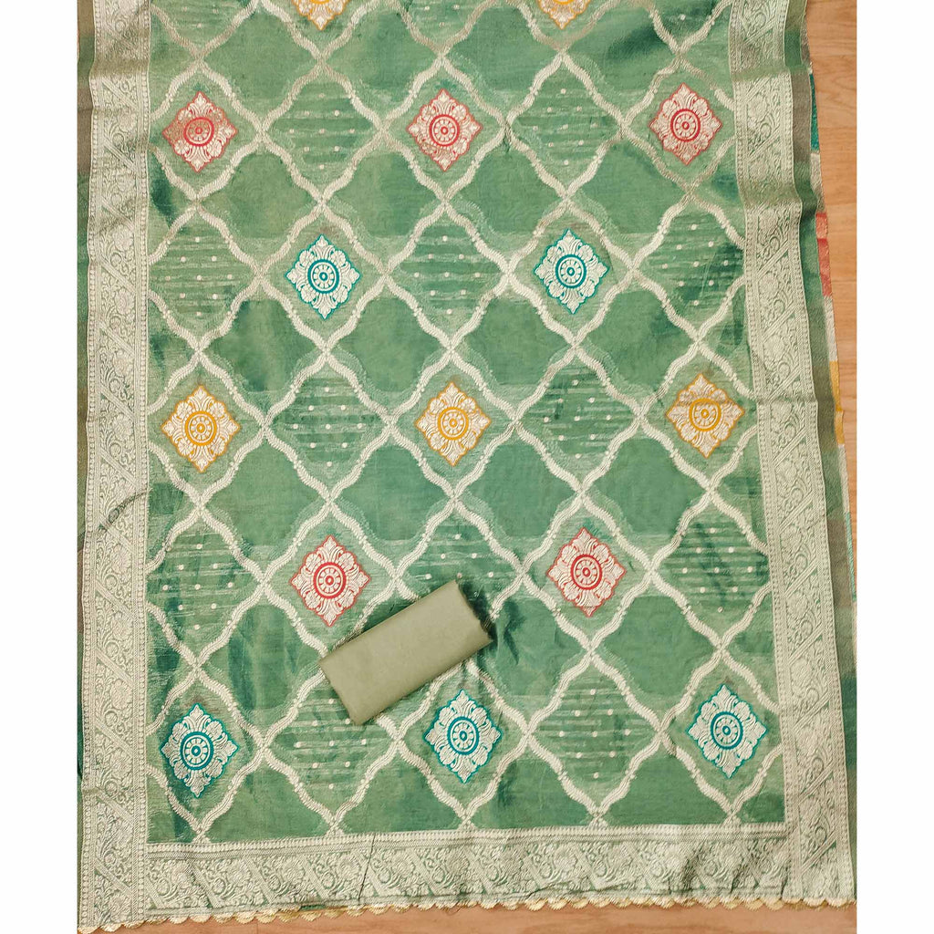 Green Woven With Handwork Simmer Jacquard Dress Material