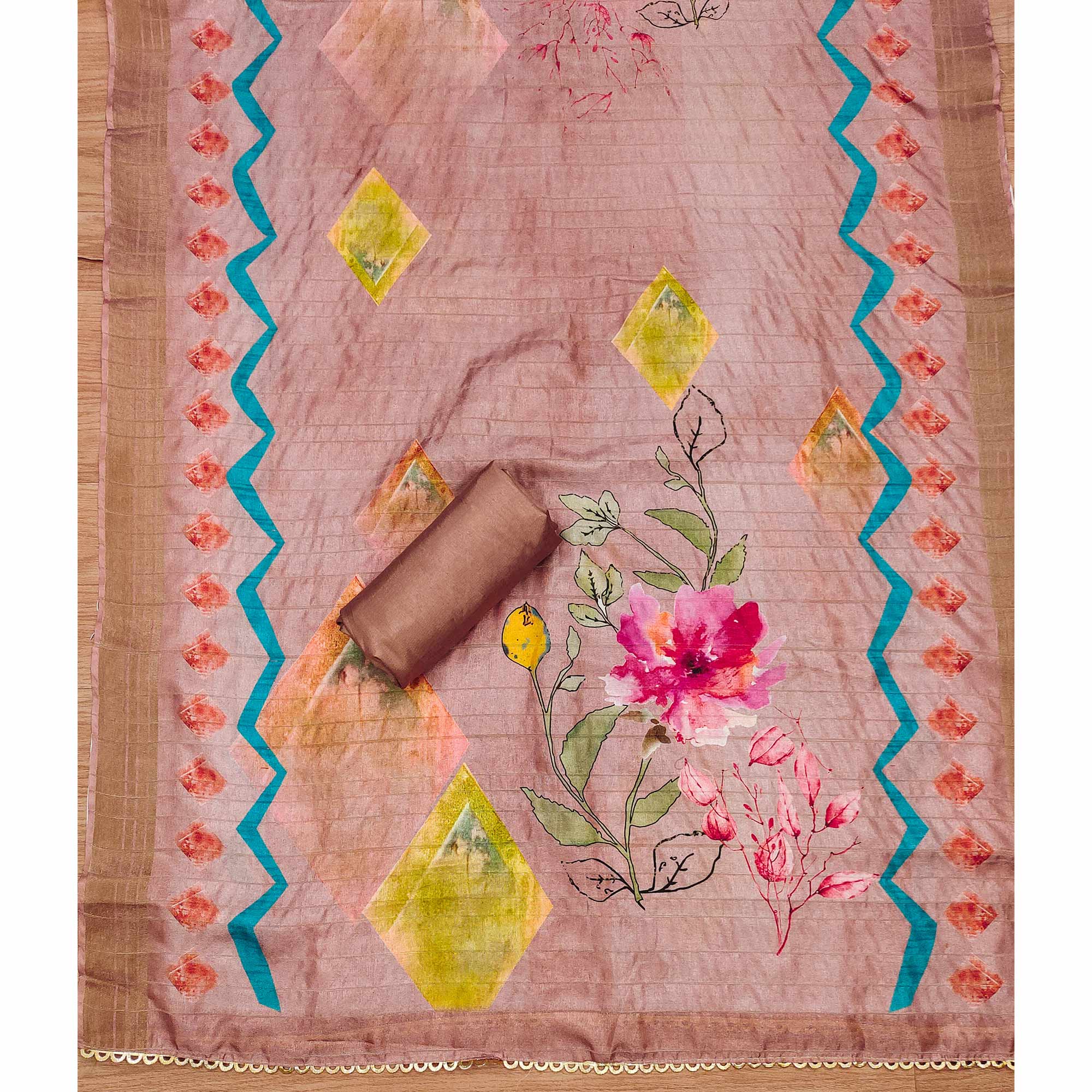 Peach Embroidered Chanderi Silk Dress Material