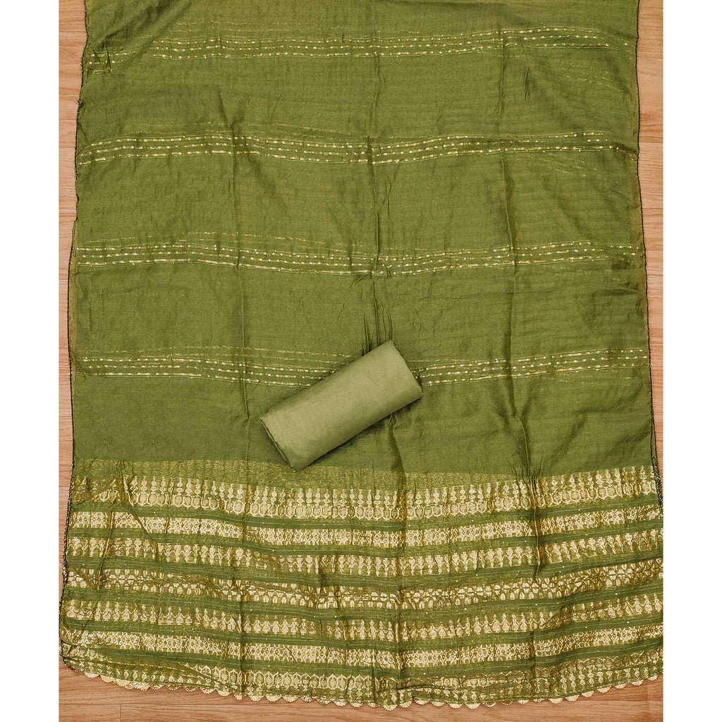 Green Floral Foil Printed With Handwork Modal Cotton Silk Dress Material