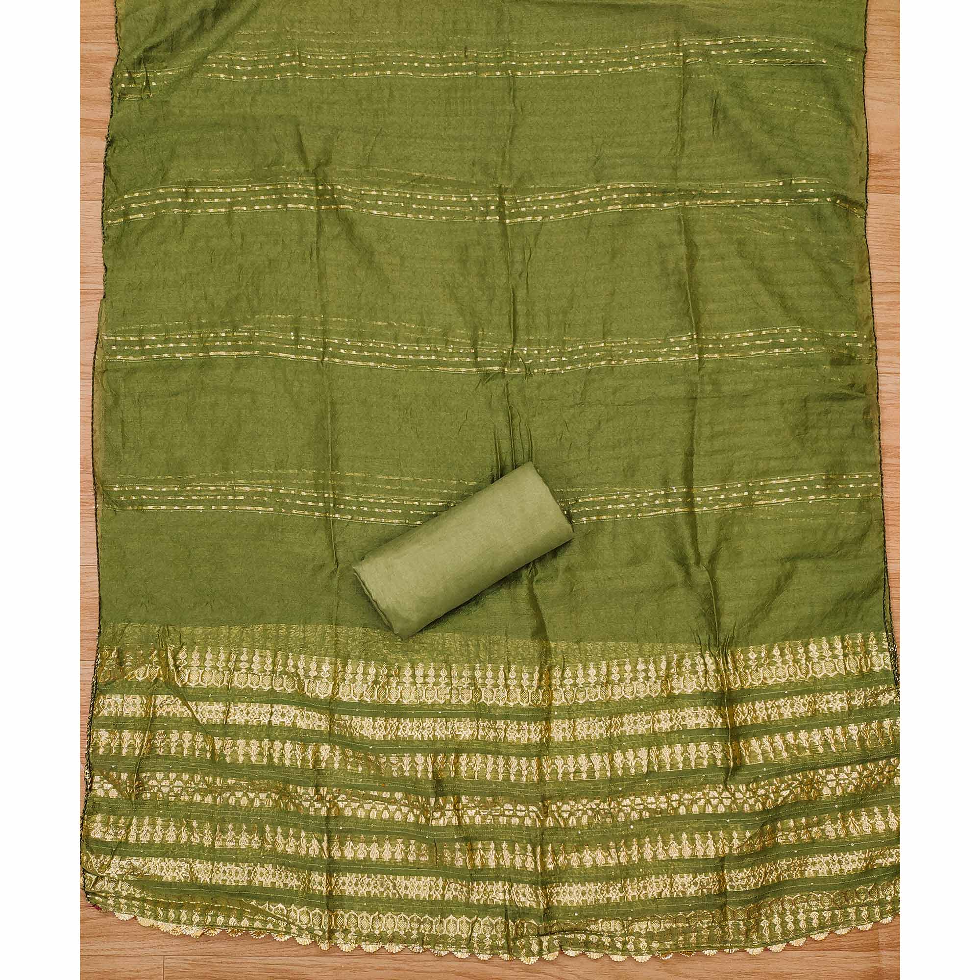 Green Floral Foil Printed With Handwork Modal Cotton Silk Dress Material