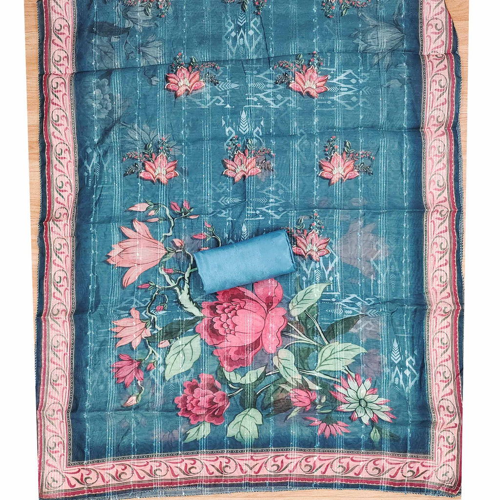 Blue Floral Sequins Embroidered Art Silk Dress Material