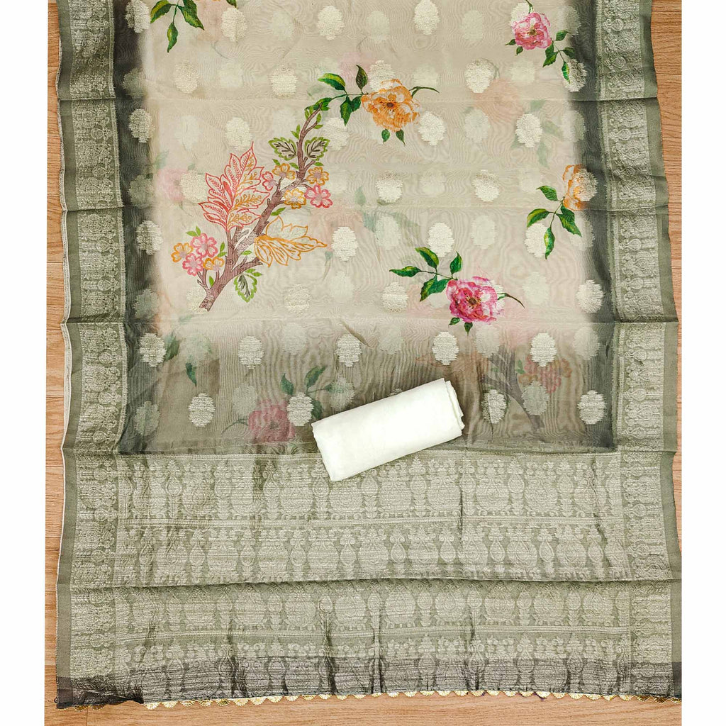 Cream Floral Sequins Embroidered Cotton Roman Silk Dress Material