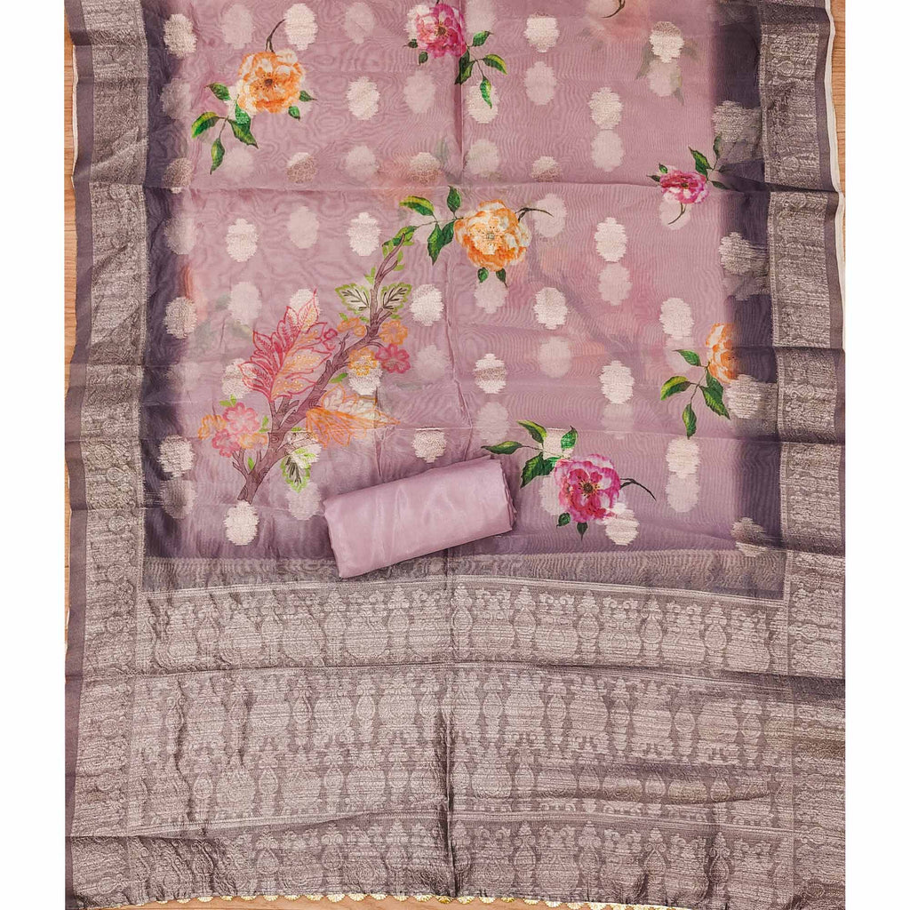 Onion Pink Floral Sequins Embroidered Cotton Roman Silk Dress Material