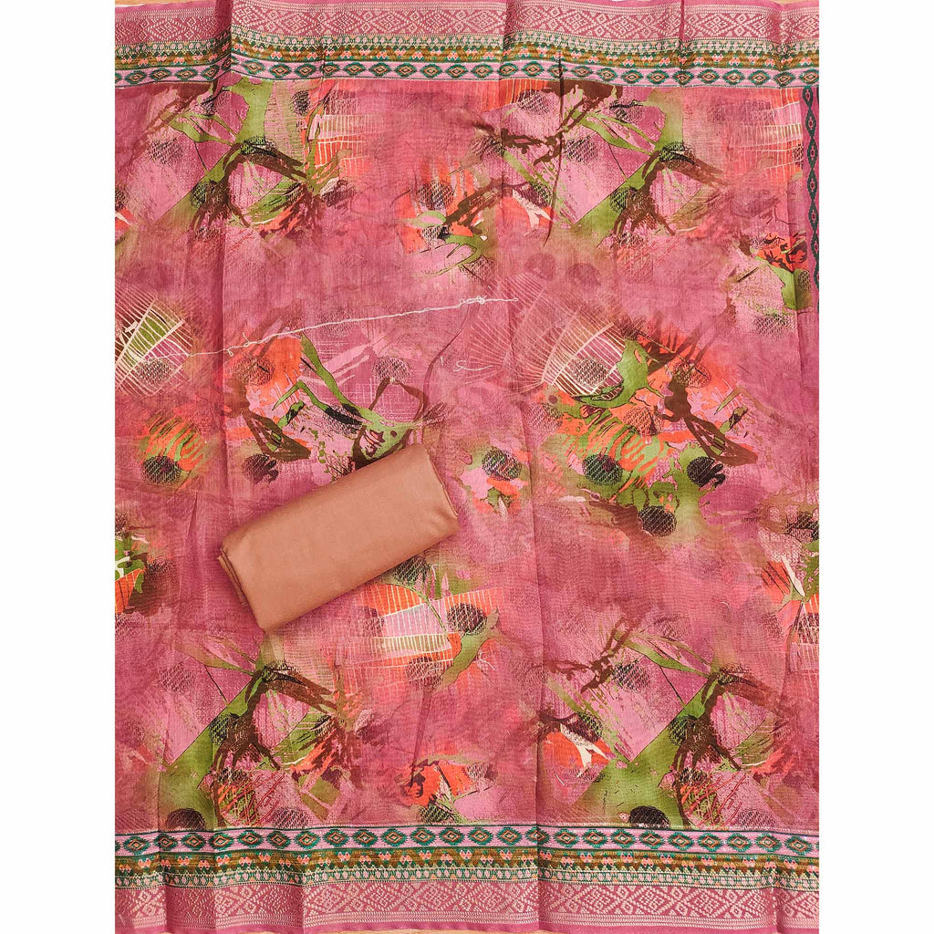 Pink Floral Foil Printed With Embroidery Modal Cotton Silk Dress Material