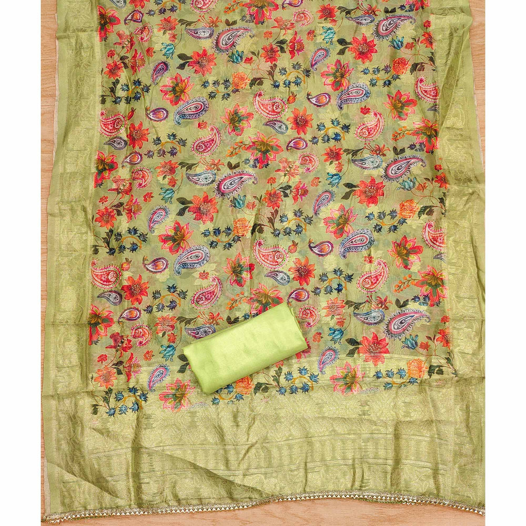 Green Floral Embroidered Roman Cottom Silk Dress Material