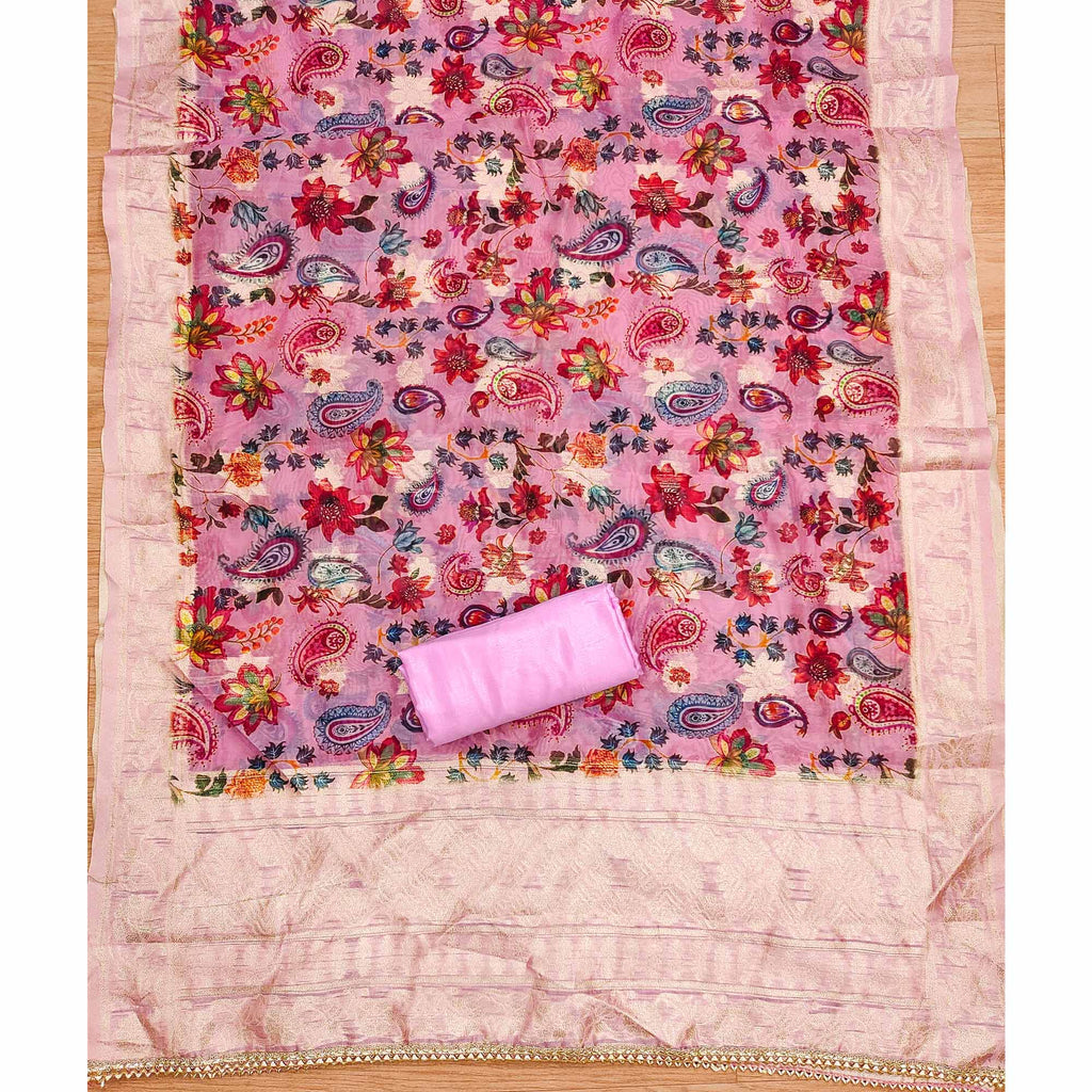 Pink Floral Embroidered Roman Cottom Silk Dress Material