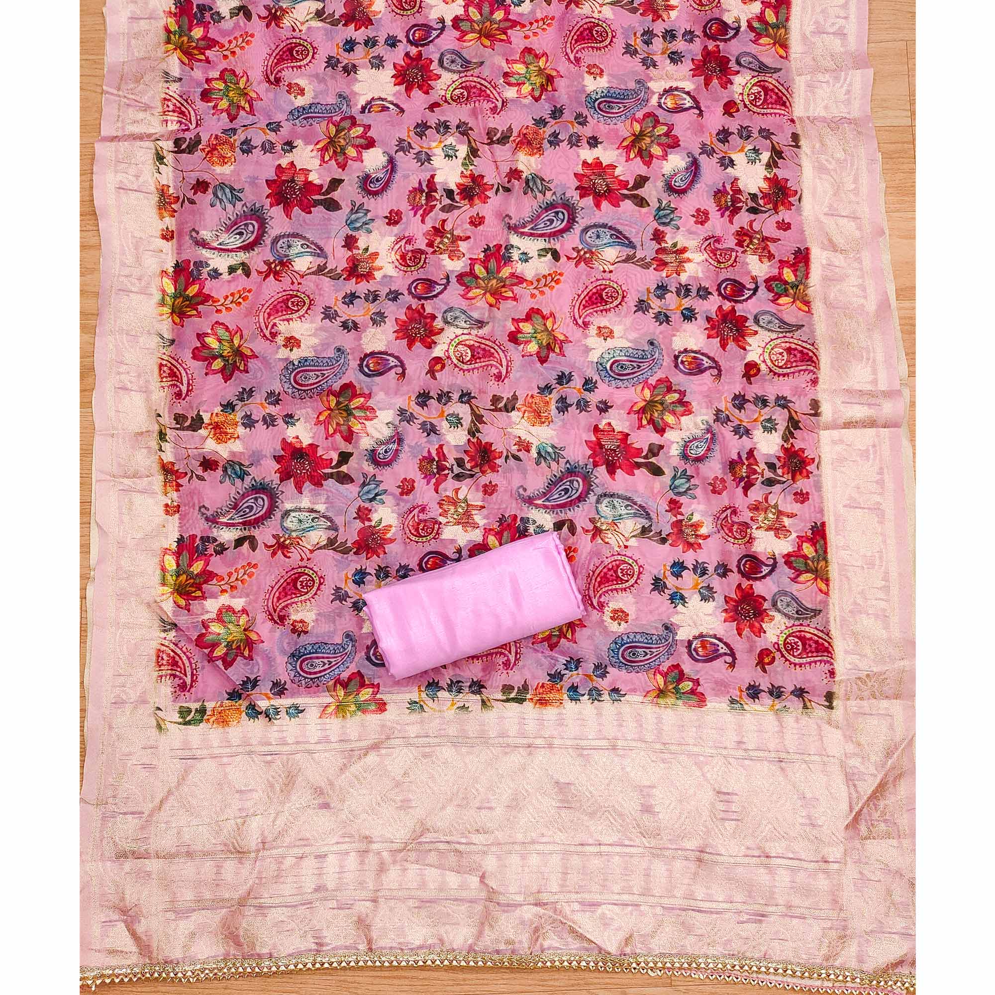 Pink Floral Embroidered Roman Cottom Silk Dress Material