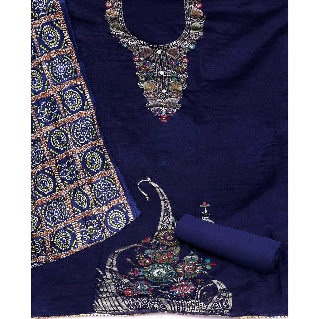 Blue Floral Woven Chanderi Jacquard Dress Material