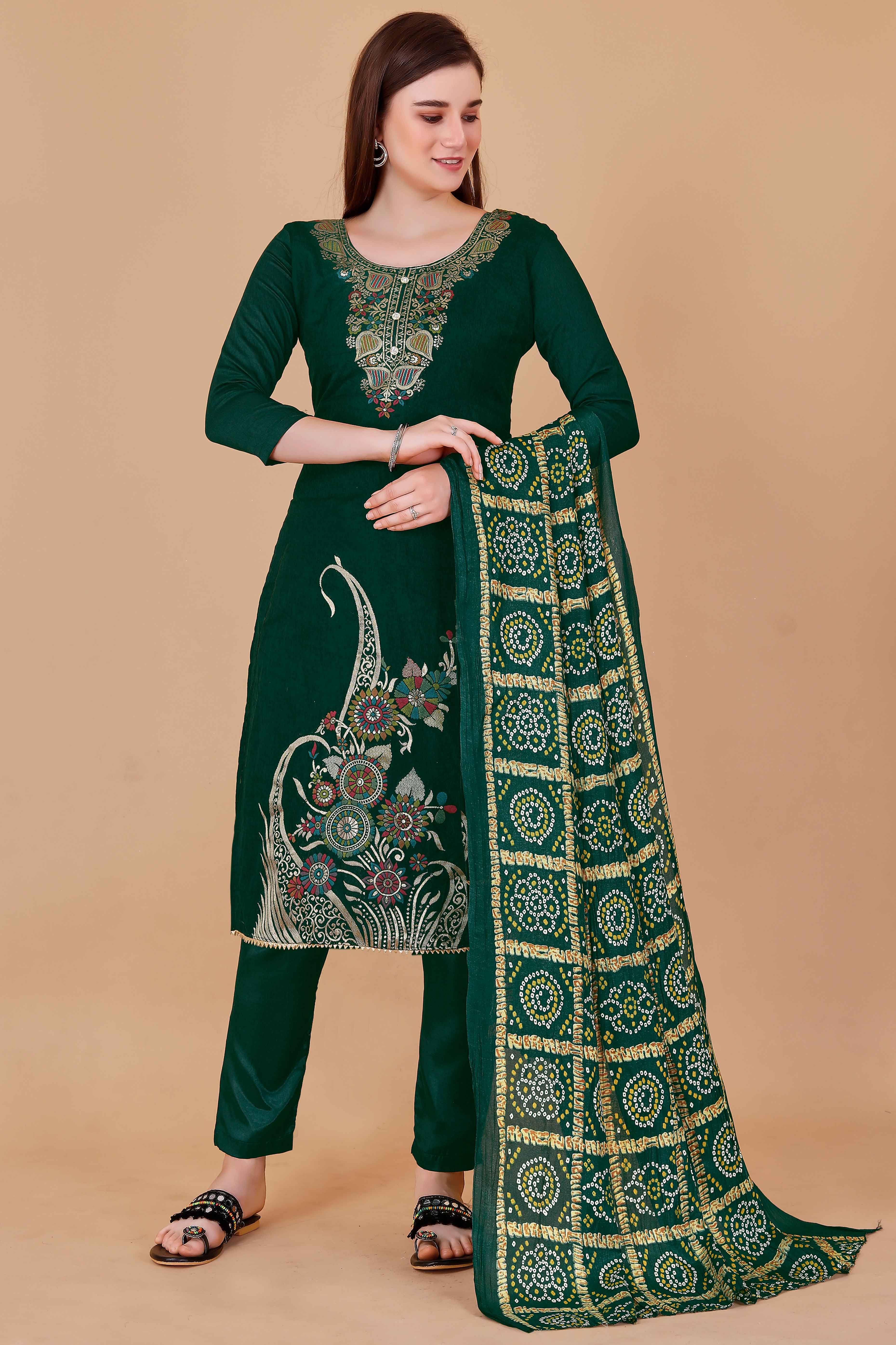 Green Floral Woven Chanderi Jacquard Dress Material