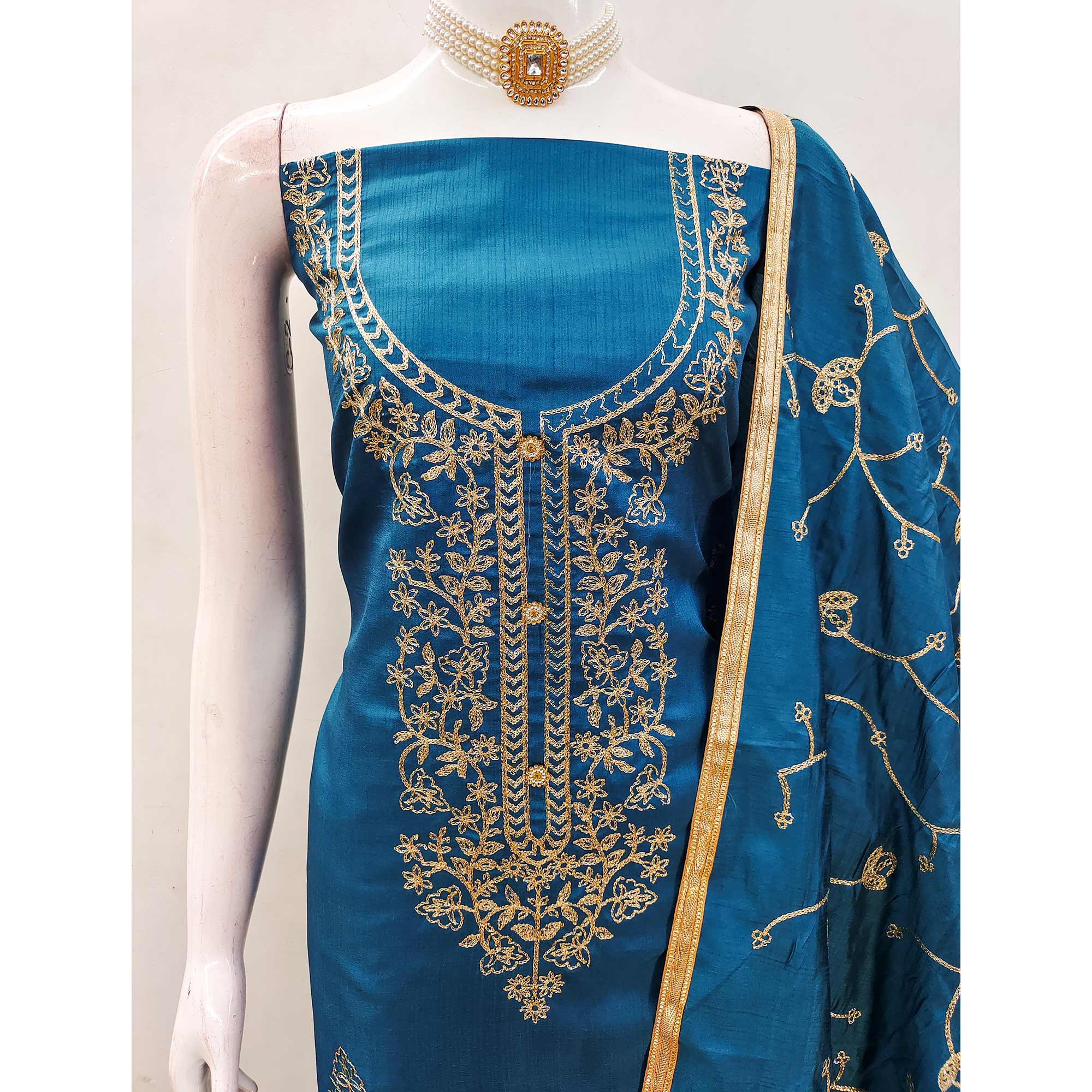 Blue Floral Embroidered Art Silk Dress Material